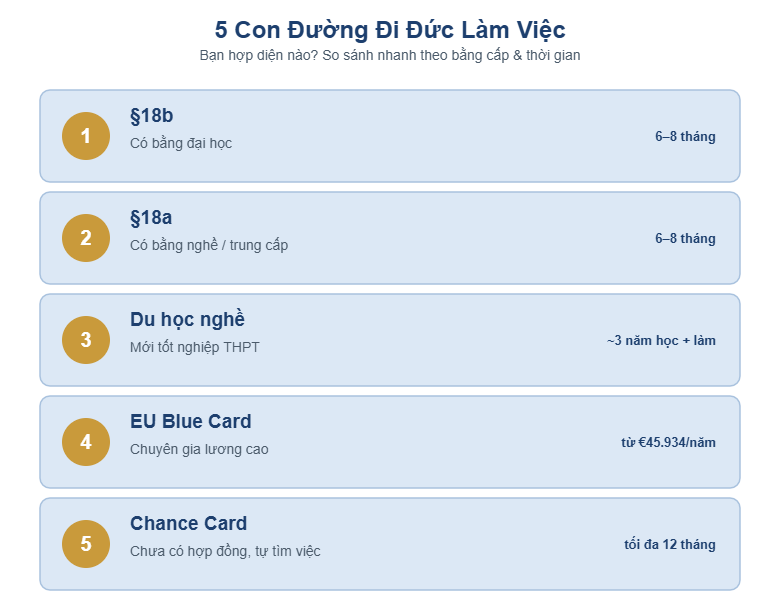 Bảng so sánh 5 con đường đi Đức làm việc: §18b, §18a, du học nghề, EU Blue Card, Chance Card theo bằng cấp và thời gian chuẩn bị